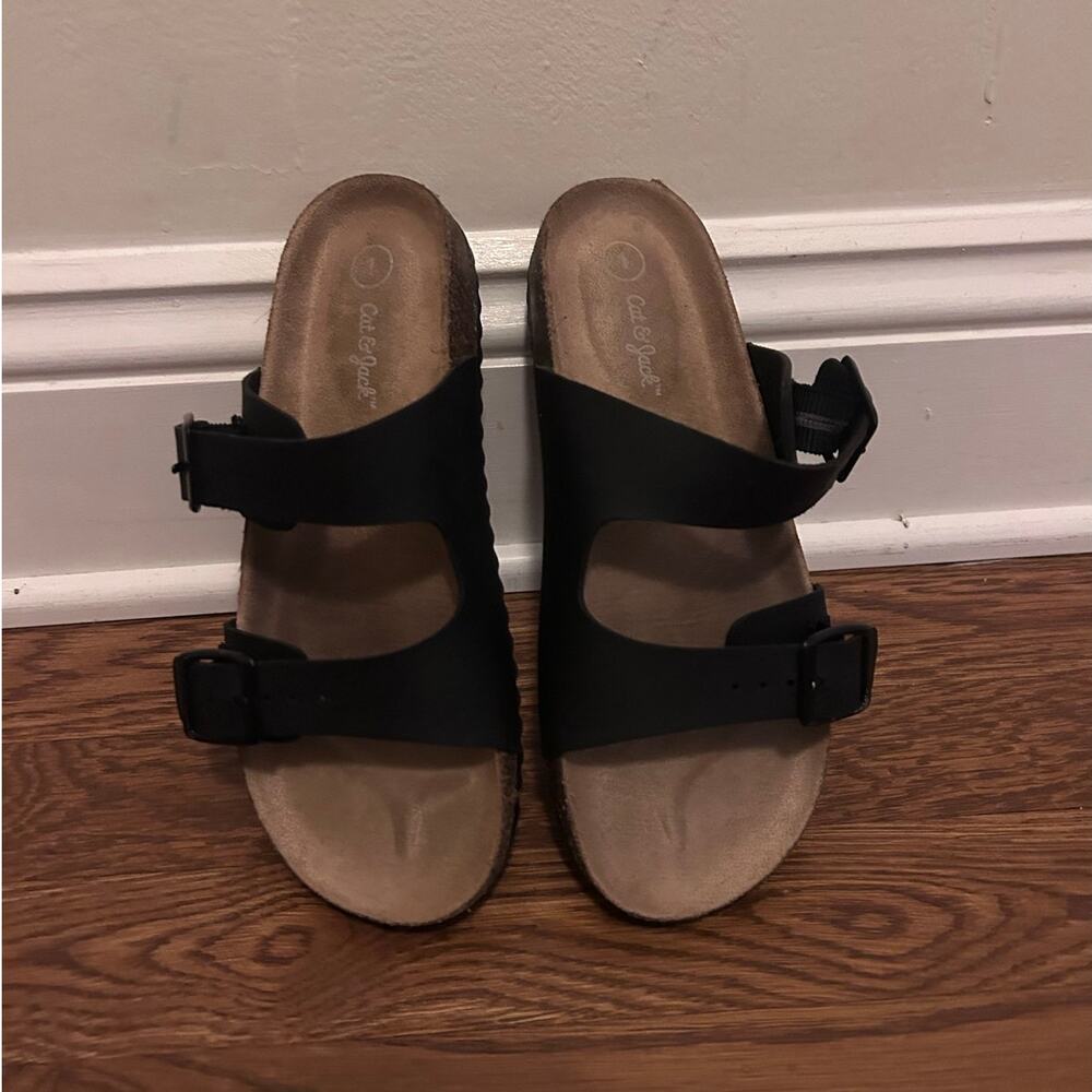 Cat & Jack Girls Sz 1 Black Double Buckle Slide Sandals Summer Beach Outdoors